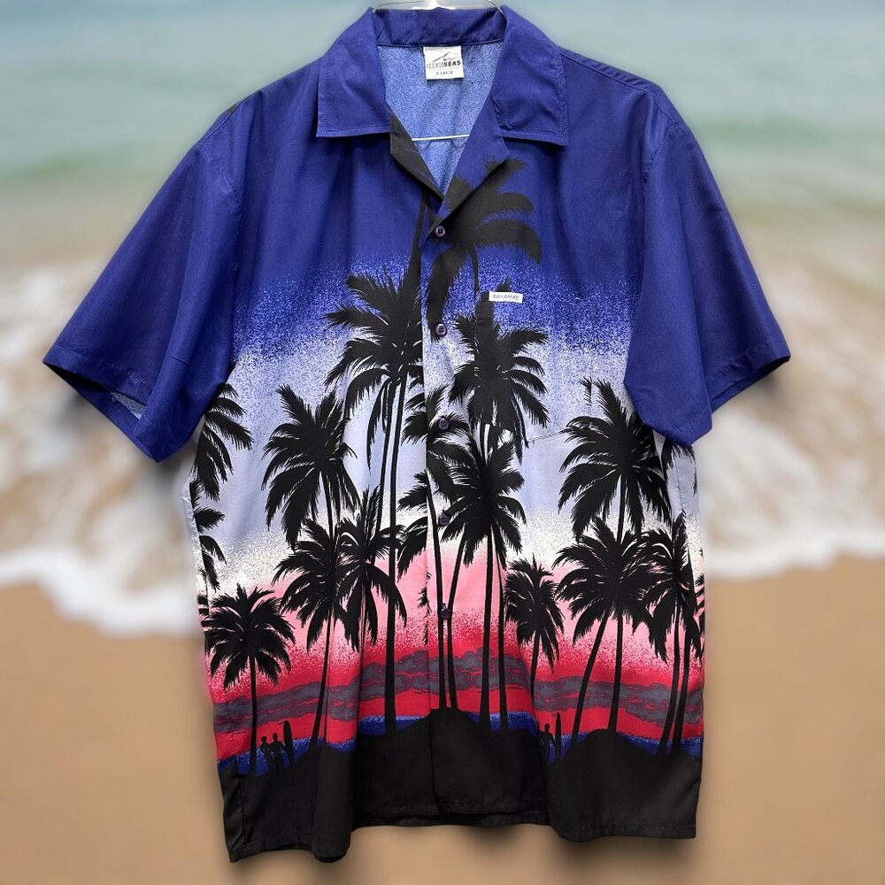 High Seas Resort Wear Palm Tree Sunset Shirt Blue Pink Bahamas‎ XL Vintage 80s